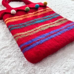 Felted Wool Tote Bag Red Multicolor Horizontal Stripe Pom-Pom Bright Festive